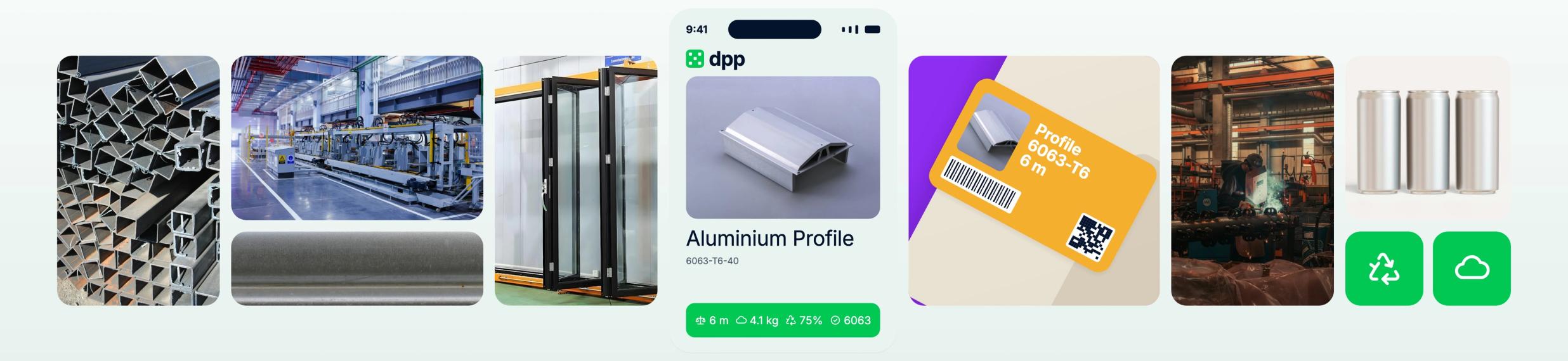 Collage: aluminium profiles and tubes, an extrusion plant, aluminium-framed doors and a phone showing the digital product passport of a 6063-T6 aluminium profile