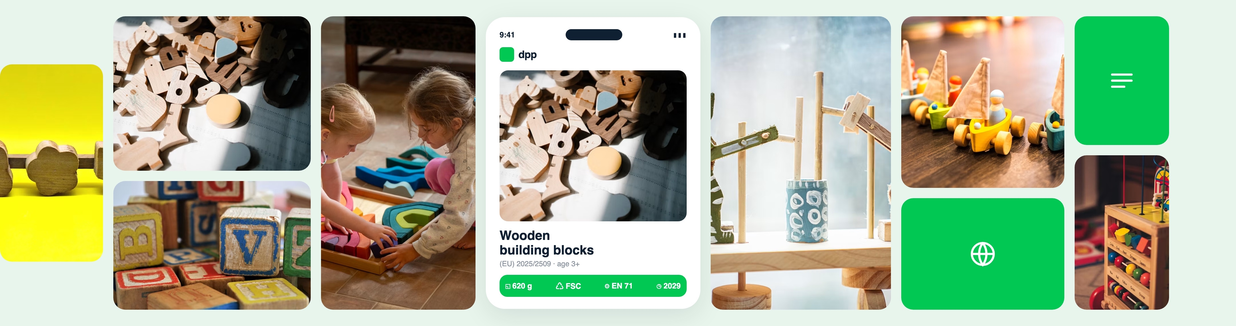 Collage of wooden toys and a digital product passport for a children’s toy.