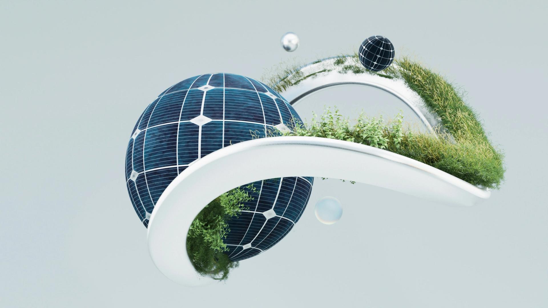 3D prikaz kružnog gospodarstva – kugla od solarnih panela obavijena zelenilom