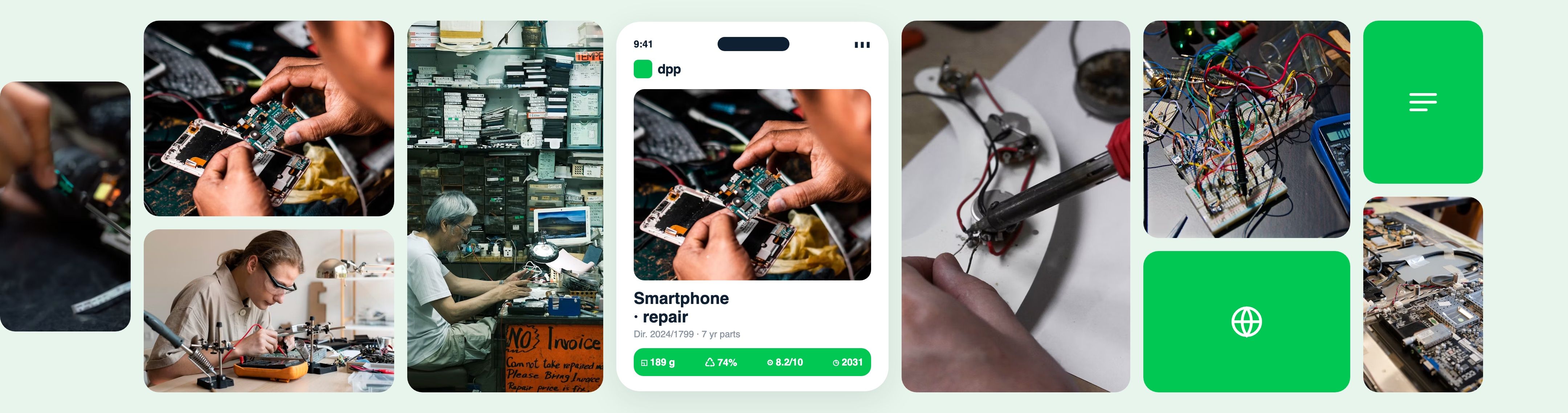 Collage of electronics repair and a digital product passport showing a repairability score.