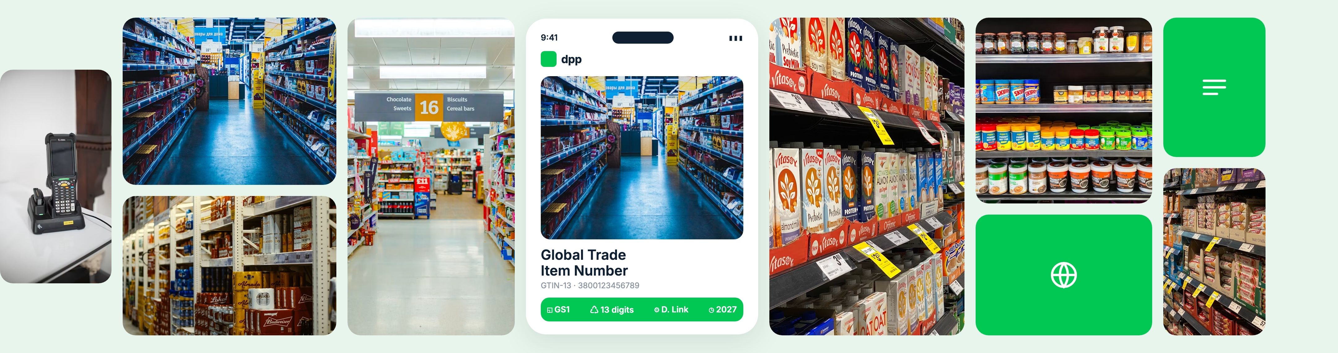 Collage of retail shelves and a digital product passport showing a GTIN.