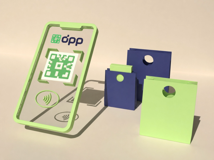 Ilustrație 3D a unui smartphone cu cod QR DPP și pungi de cumpărături, simbolizând Pașaportul Digital de Produs