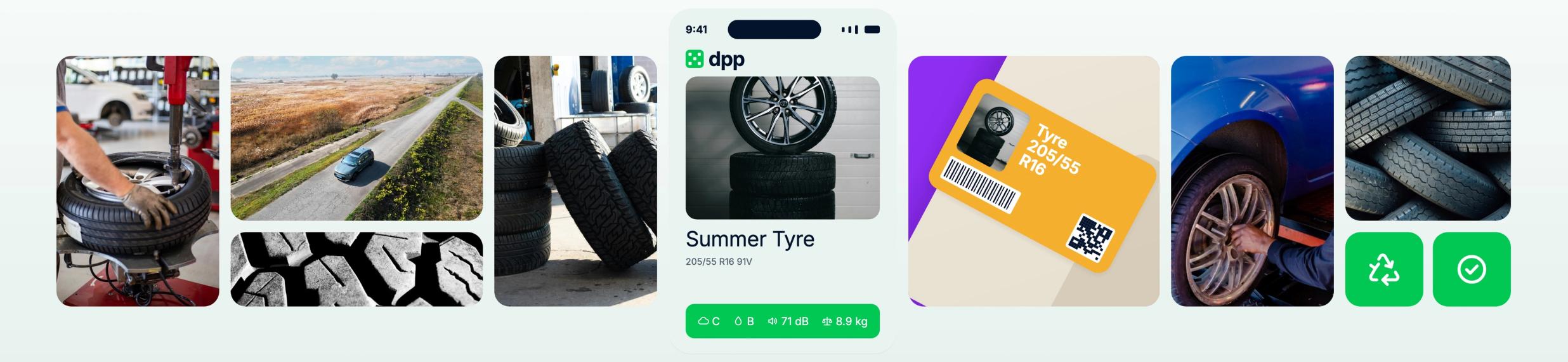 Collage: a tyre being fitted in a workshop, tread close-up, stacked tyres and a phone showing the digital product passport of a 205/55 R16 summer tyre