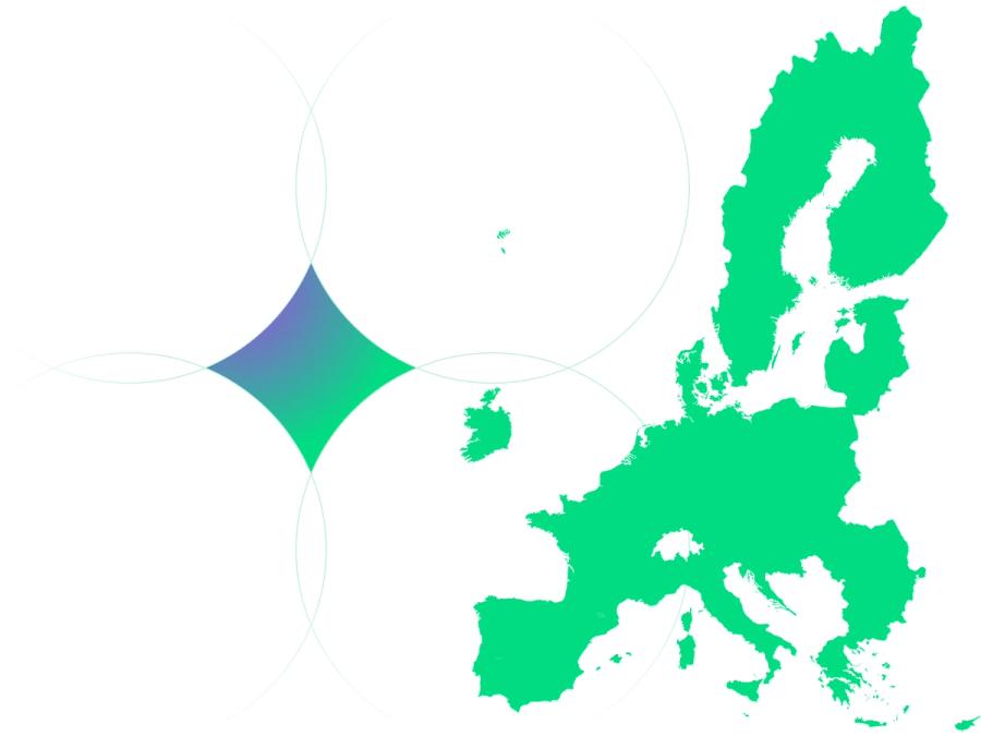 Zelena grafička karta Europe kao simbol vidljivosti i povezanosti digitalnih putovnica proizvoda sa središnjim registrom EU-a.