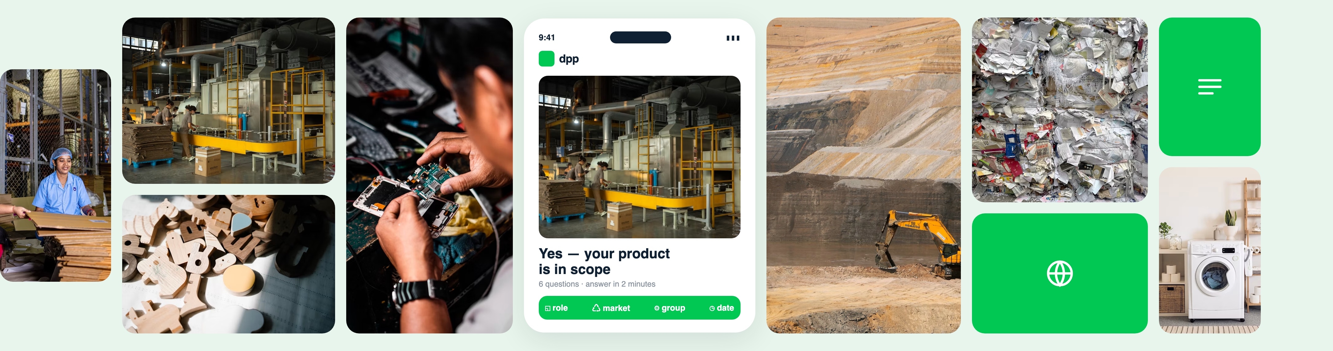 Collage of different product categories and the result screen of the DPP assessment.