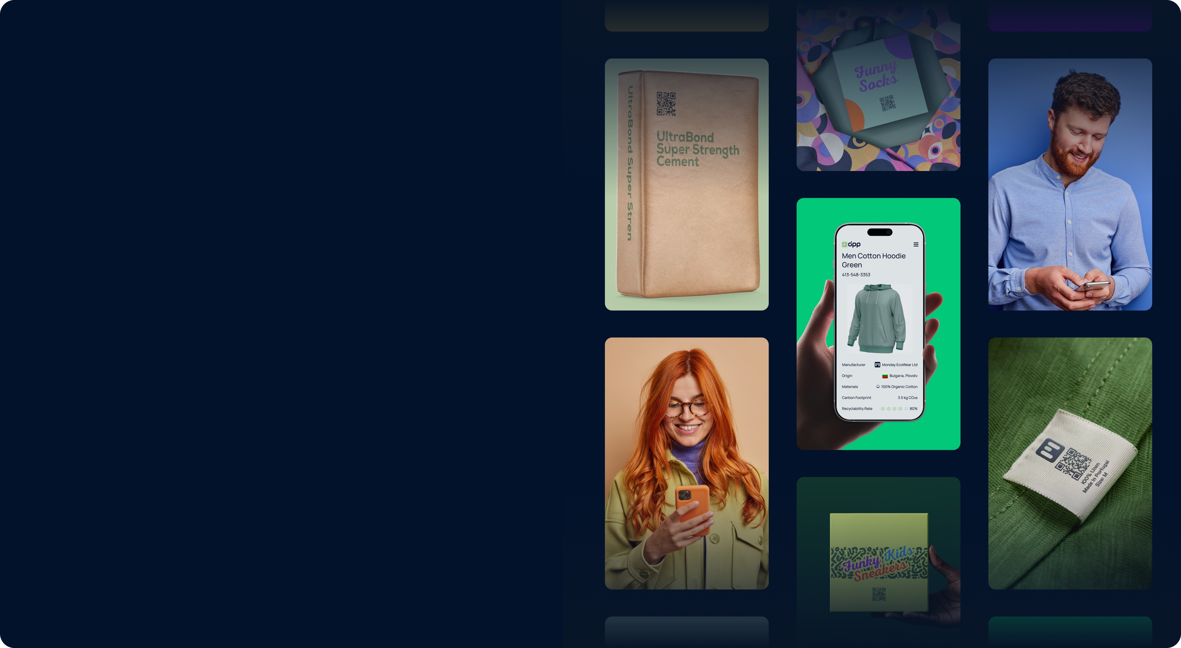 Колаж от продукти и QR кодове, представящи концепцията за Цифров продуктов паспорт в ЕС.