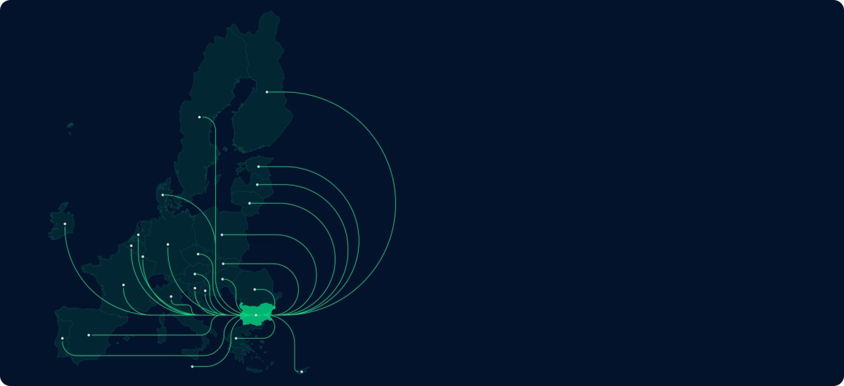 Карта на Европа с България в центъра и излизащи връзки към останалите държави.