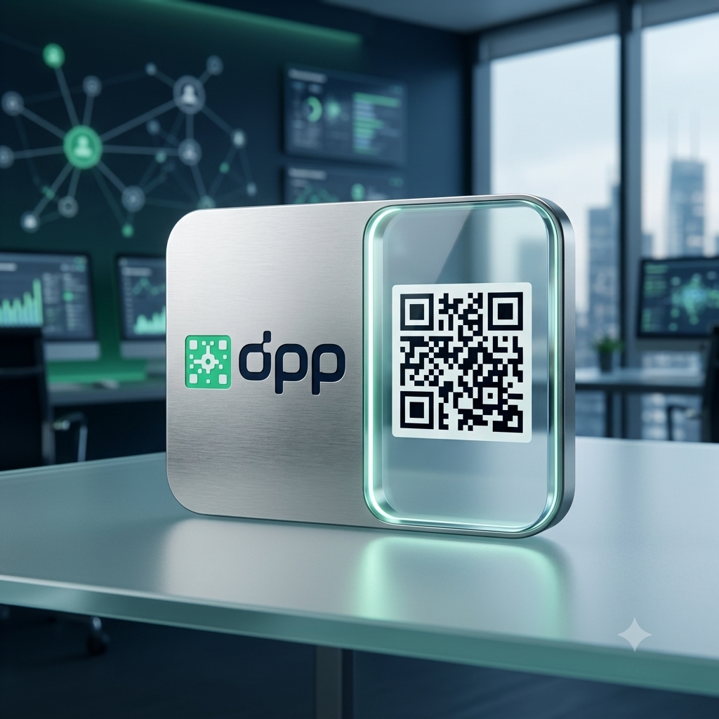 3D визуализация на DPP карта с QR код и логото на платформата — дигитален продуктов паспорт в технологична среда