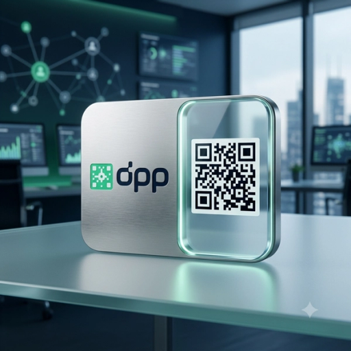 Vizualizare 3D a unui card DPP cu cod QR și logoul platformei — pașaport digital al produsului într-un mediu tehnologic