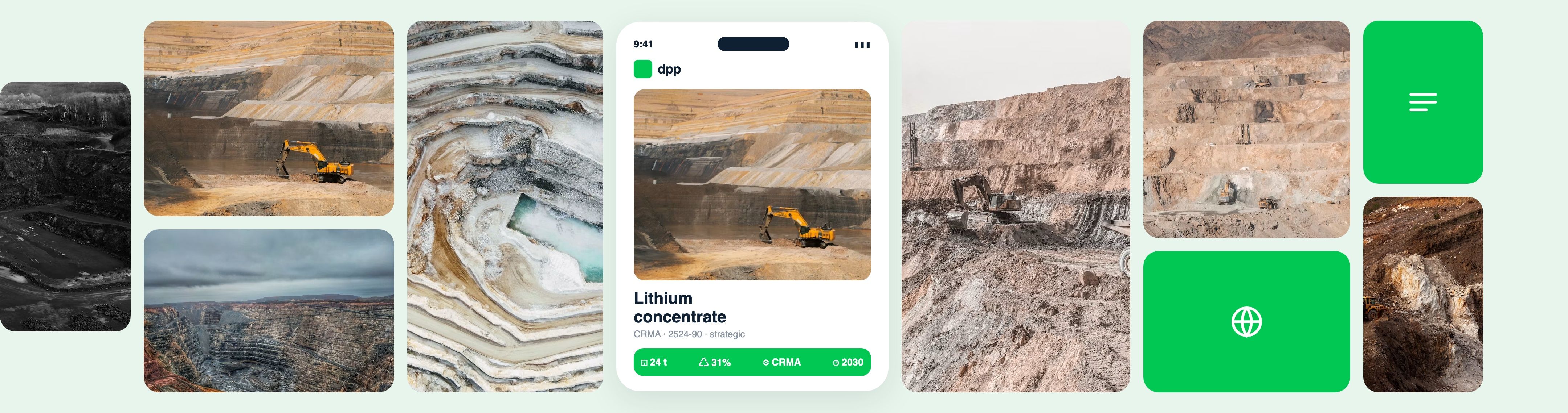 Collage of open-pit mining and a digital product passport for a critical raw material.