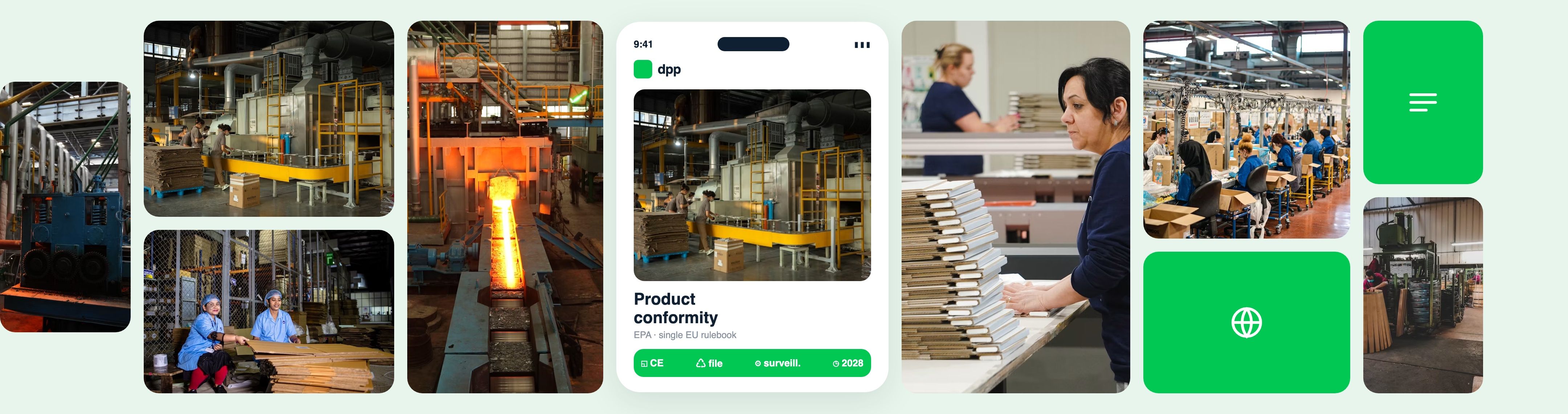 Collage of production lines and a digital product passport for product conformity.