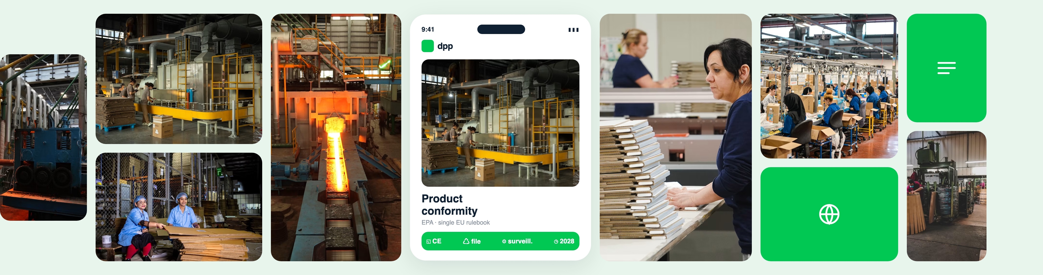 Collage of production lines and a digital product passport for product conformity.