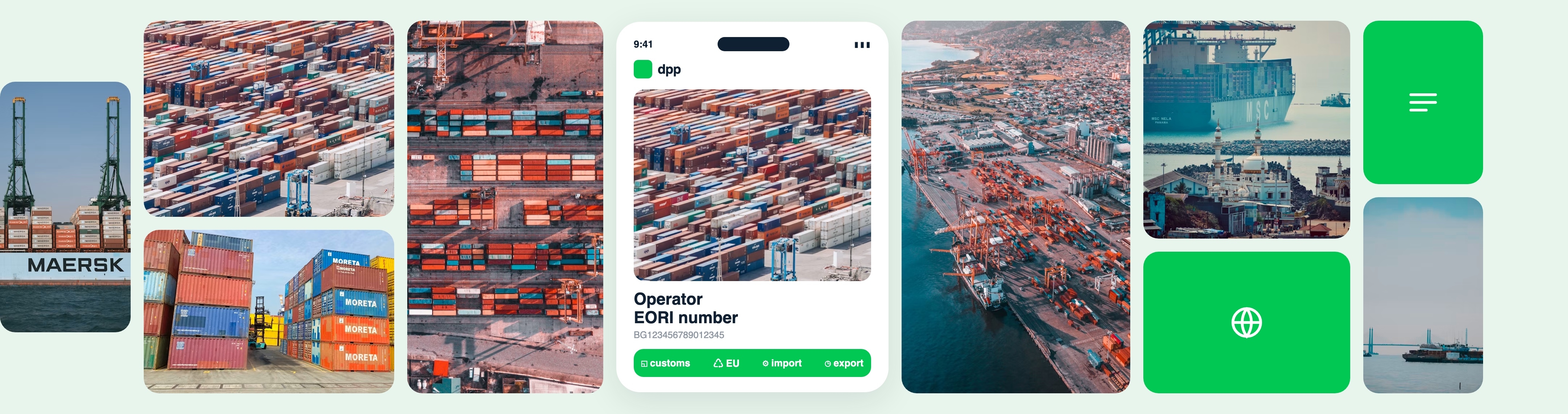 Collage of a port with containers and a digital product passport showing an EORI number.
