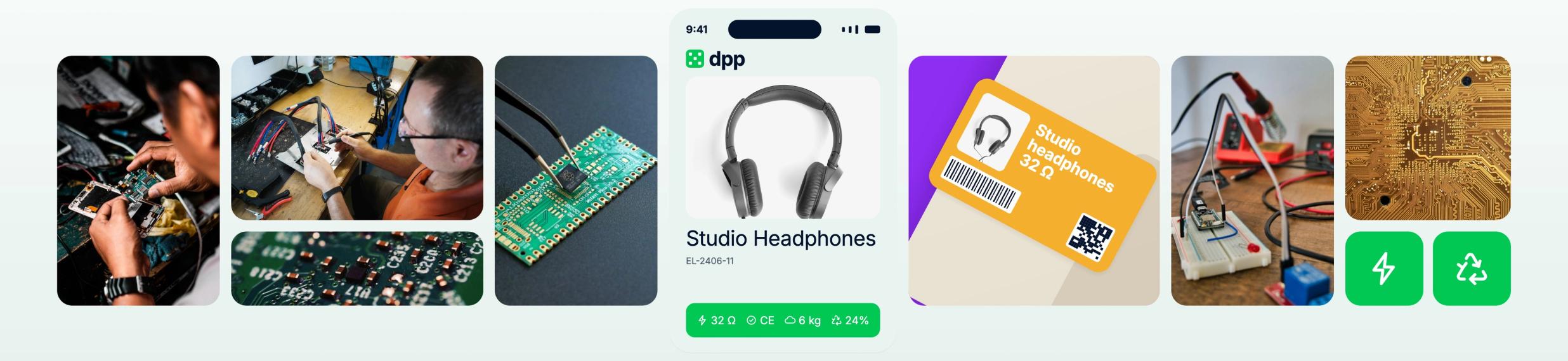 Collage: electronics repair and soldering, circuit boards and a phone showing the digital product passport of a pair of headphones