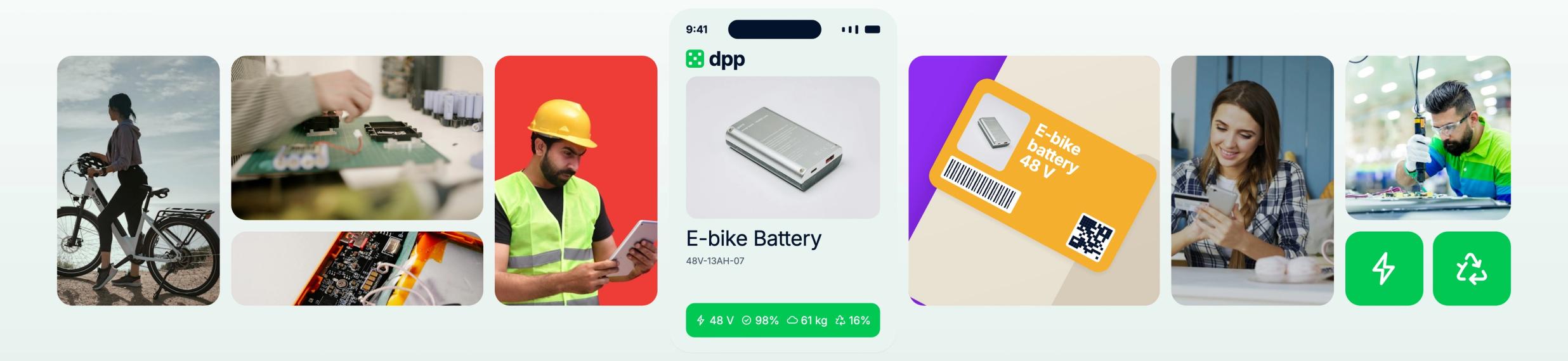 Collage: a woman with an e-bike, battery cells on a circuit board and a phone showing the digital product passport of a 48 V battery