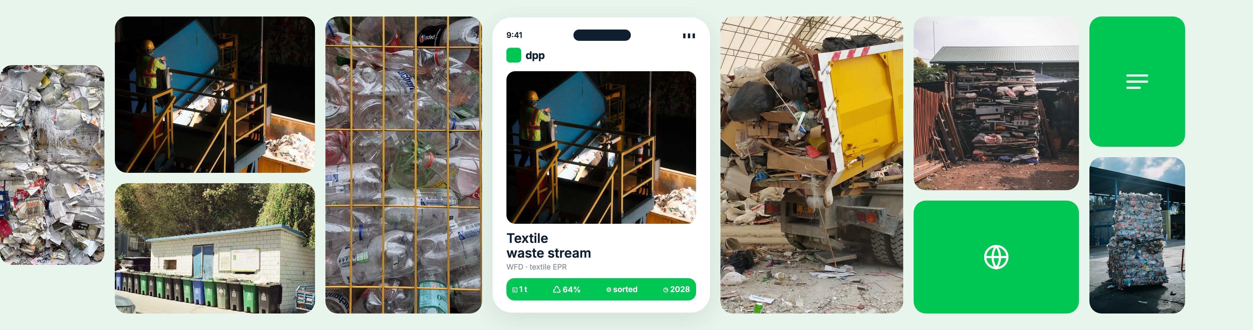 Collage of waste sorting and a digital product passport for a textile waste stream.