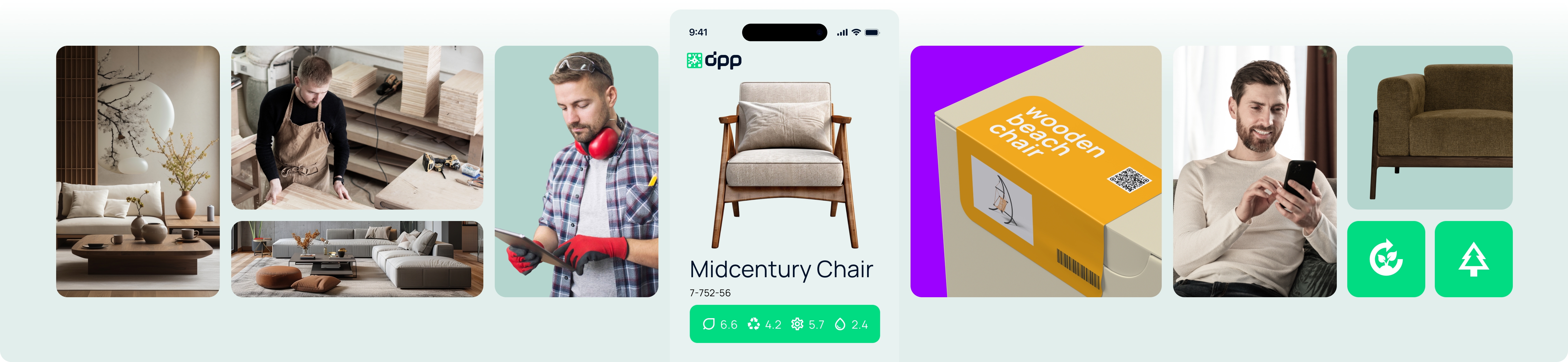 Colaj de mobilier, meșteșugari și produse cu coduri QR, care arată implementarea Digital Product Passport (DPP) în industria mobilei