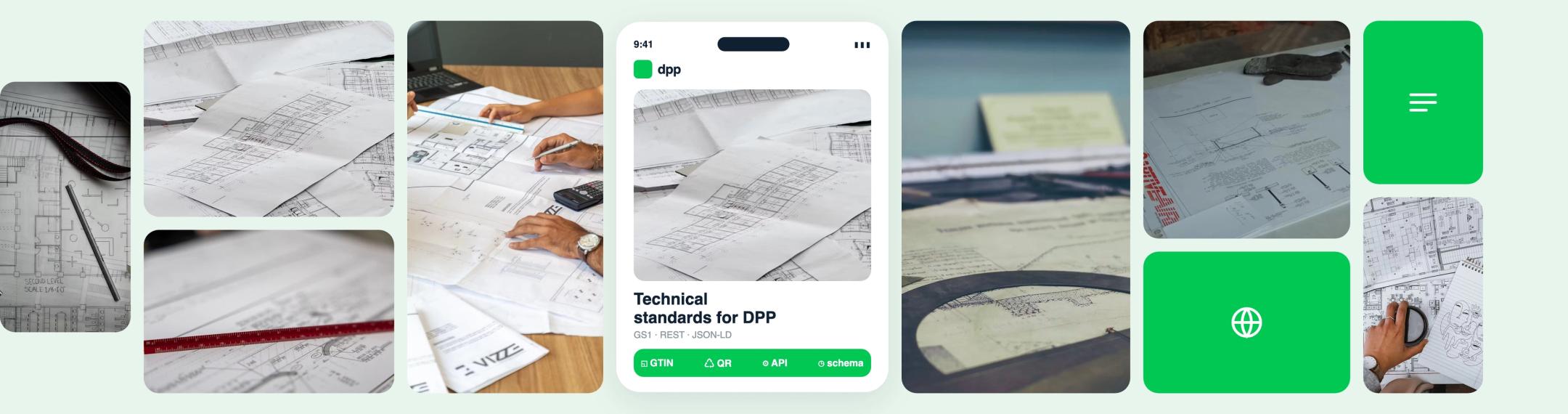 Kolaž tehničkih crteža i digitalne putovnice proizvoda s tehničkim normama za DPP.