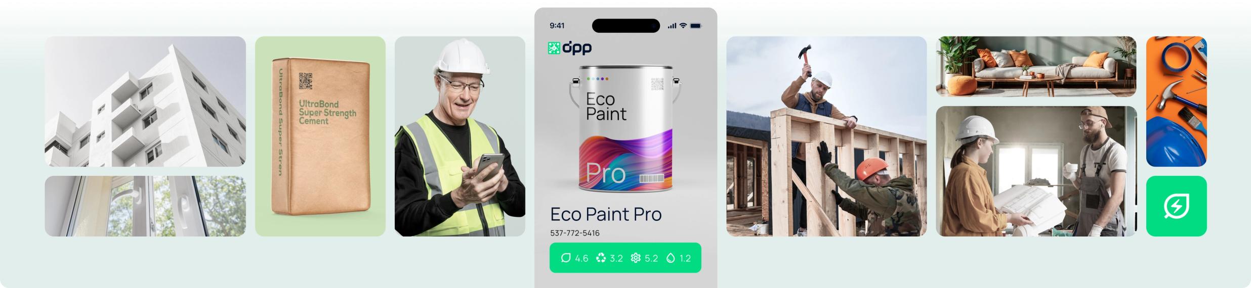 Kolaž građevnih materijala, radnika i proizvoda s QR kodovima koji prikazuje uvođenje DPP-a u građevinarstvu
