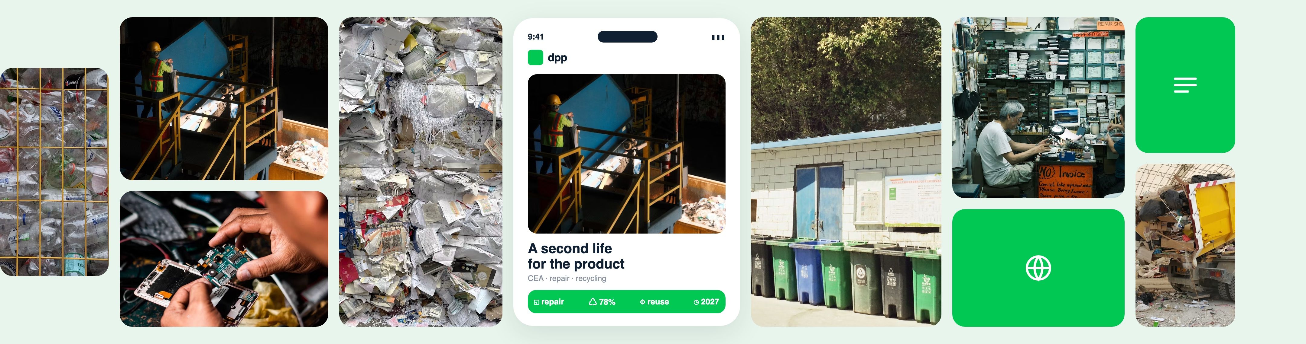 Collage of repair and recycling and a digital product passport for a product’s second life.