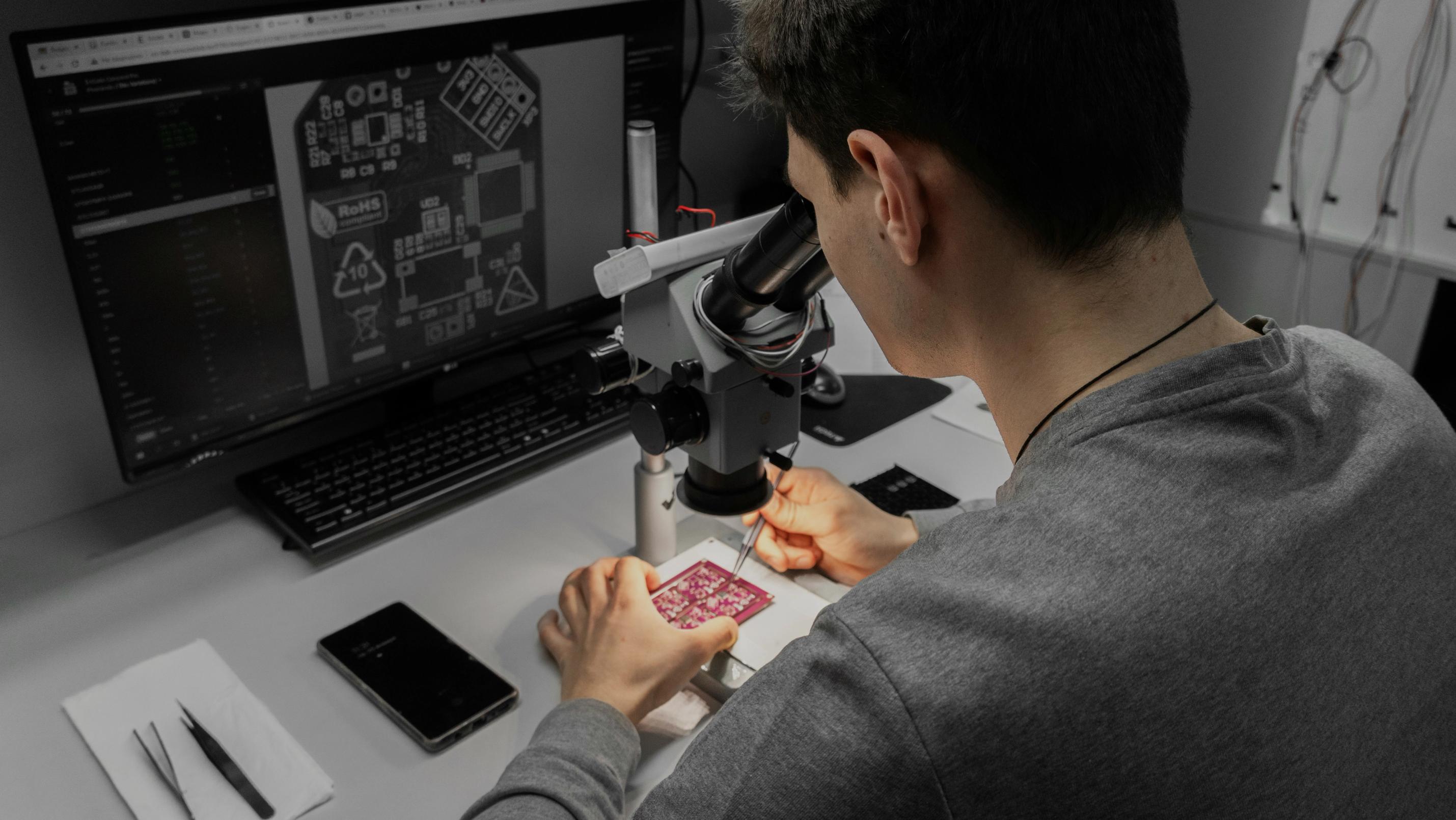 Un inginer compară definiția produsului de pe ecran cu piesa fizică de sub microscop.