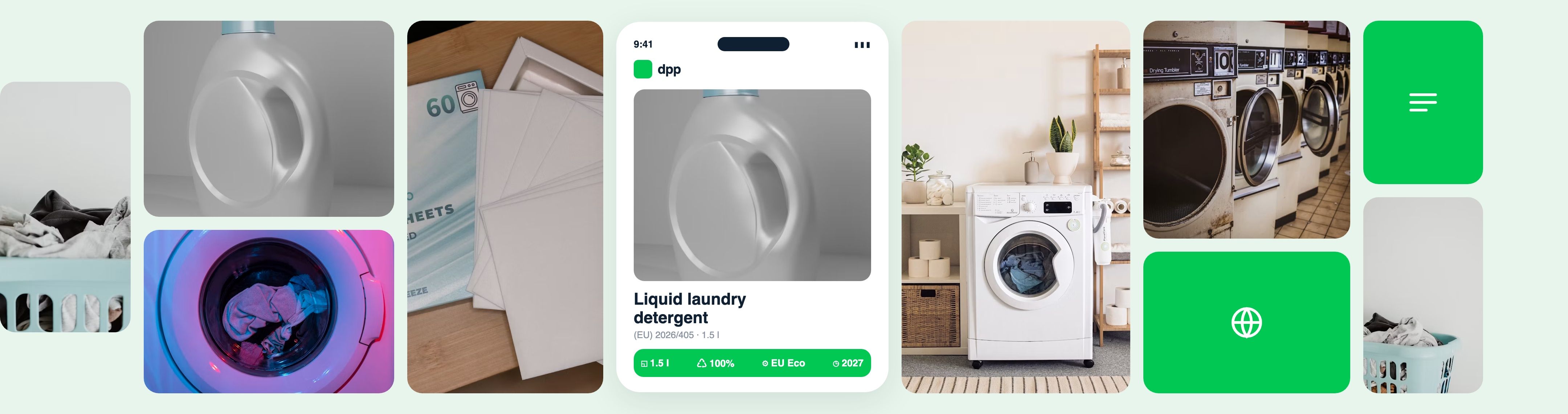 Collage of laundry detergents and a digital product passport for a detergent.