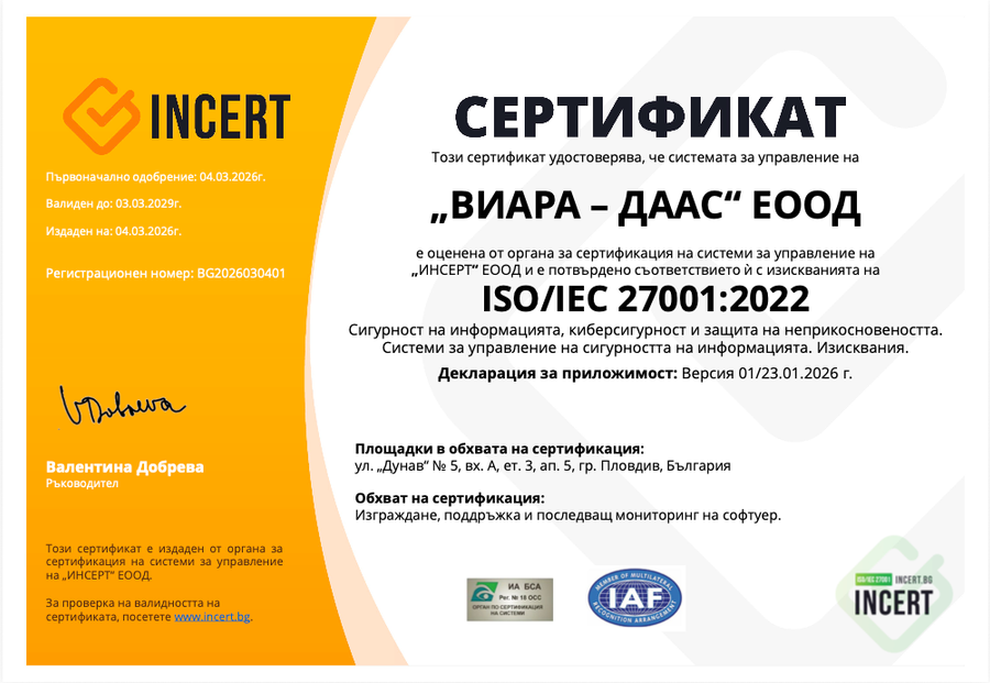 A WIARA – DAAS ISO/IEC 27001:2022 tanúsítványa, az INCERT tanúsító szervezet kiállításában