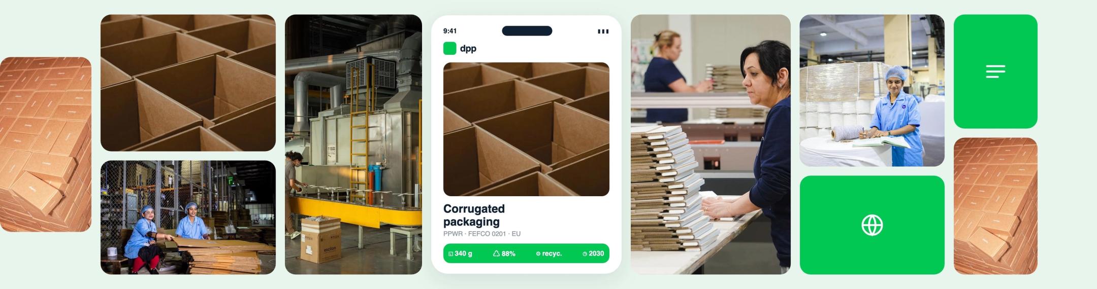 Collage of corrugated packaging production and a digital product passport for packaging.