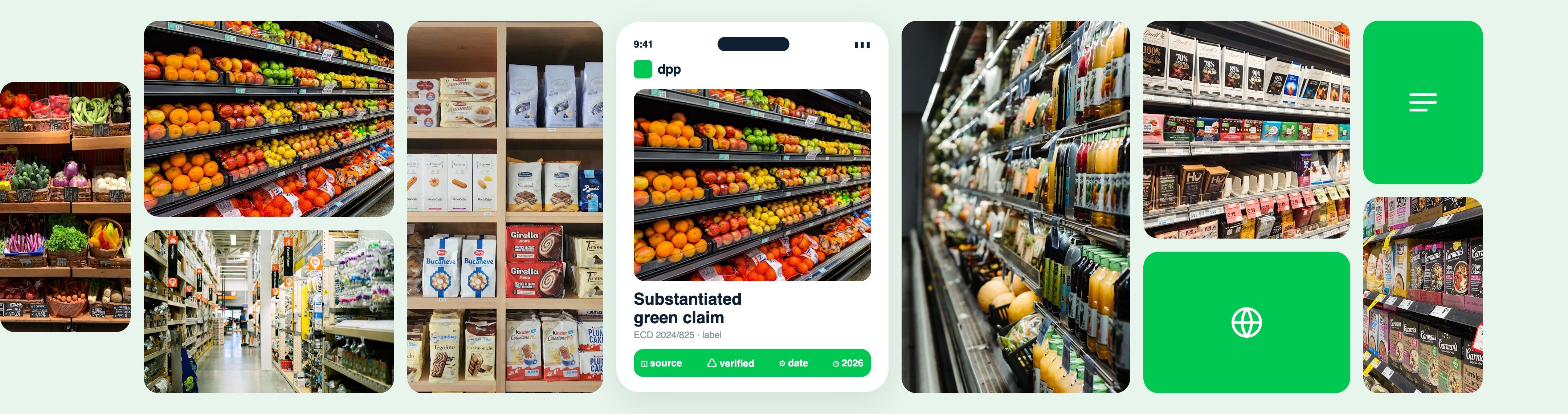 Collage of a shop and a digital product passport carrying a substantiated green claim.