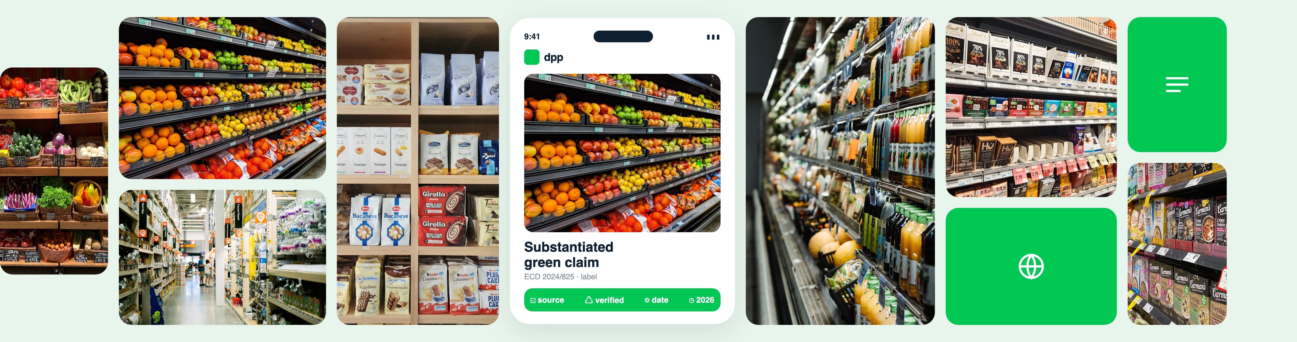 Collage of a shop and a digital product passport carrying a substantiated green claim.