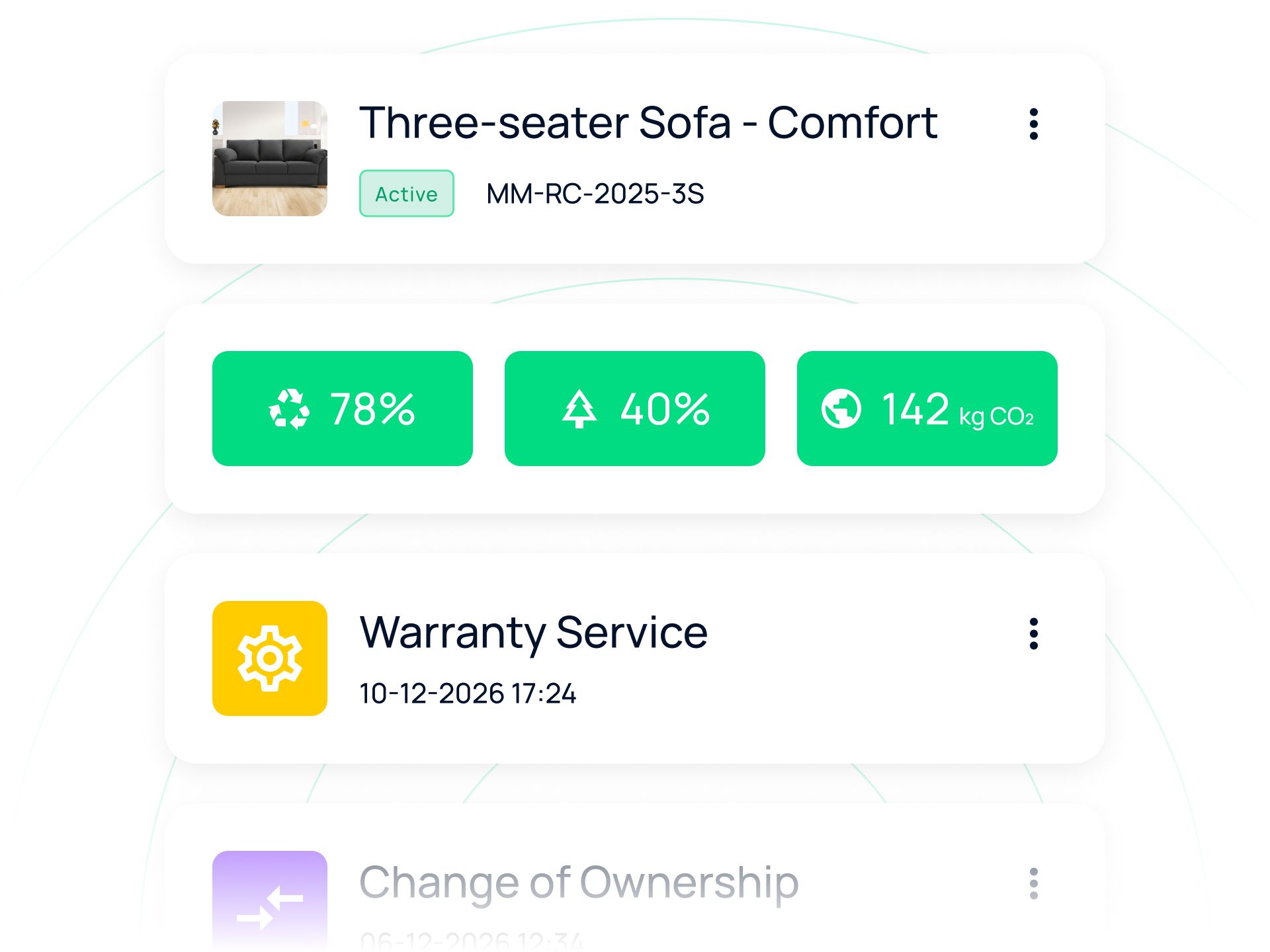 Digital product passport interface for three-seater sofa Comfort, showing 78% recyclability, 40% renewable materials, and 142 kg CO2 footprint, along with warranty service history.