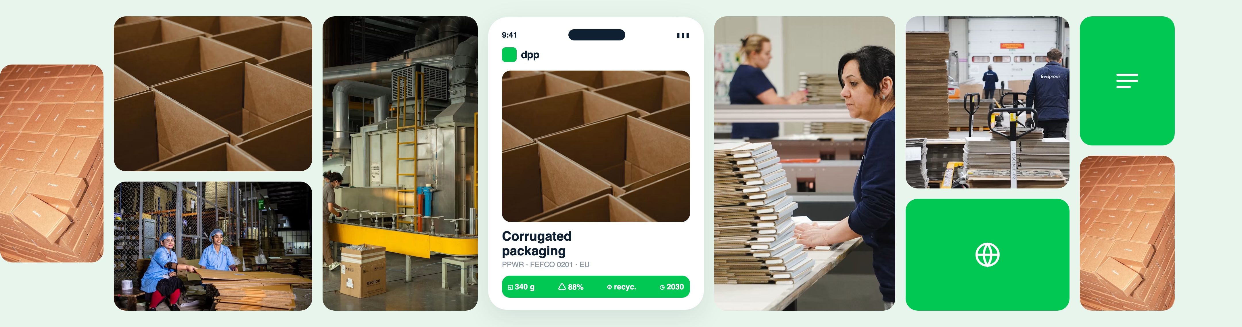 Collage of corrugated packaging production and a digital product passport for packaging.