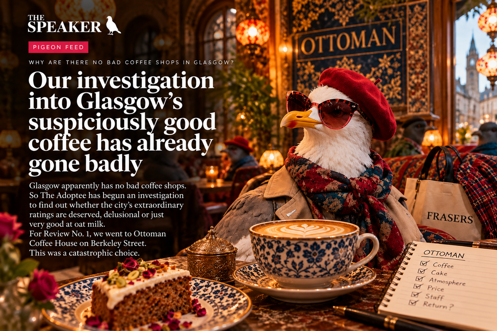 The Adoptee, shown as the established seagull character, reviews Ottoman Coffee House over coffee and cake in a richly decorated café interior.