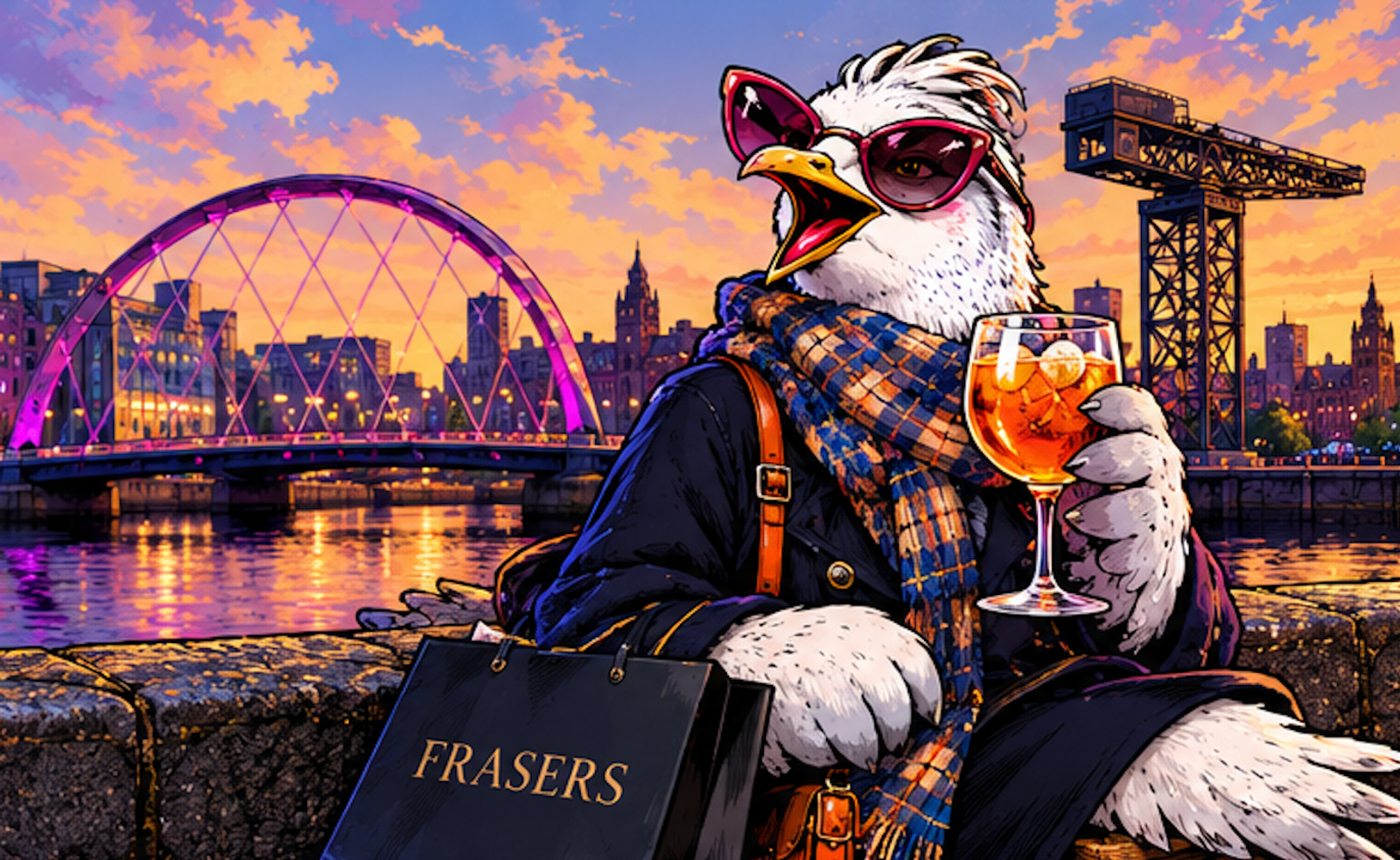 Illustration of The Adoptee with a Glasgow backdrop and character description