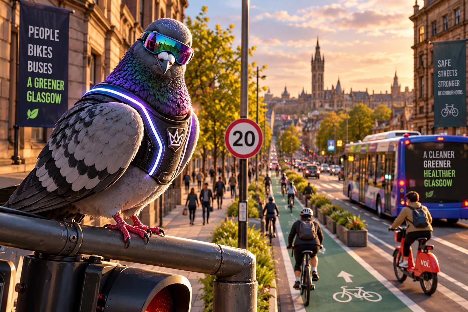 The Upgrade overlooking a Glasgow street with a 20mph sign, cycle lane, buses, cyclists and pedestrians.