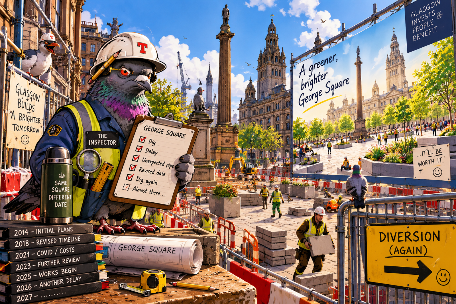 The Inspector surveys construction works in George Square, surrounded by barriers, plans and signs while the finished square is imagined beyond.
