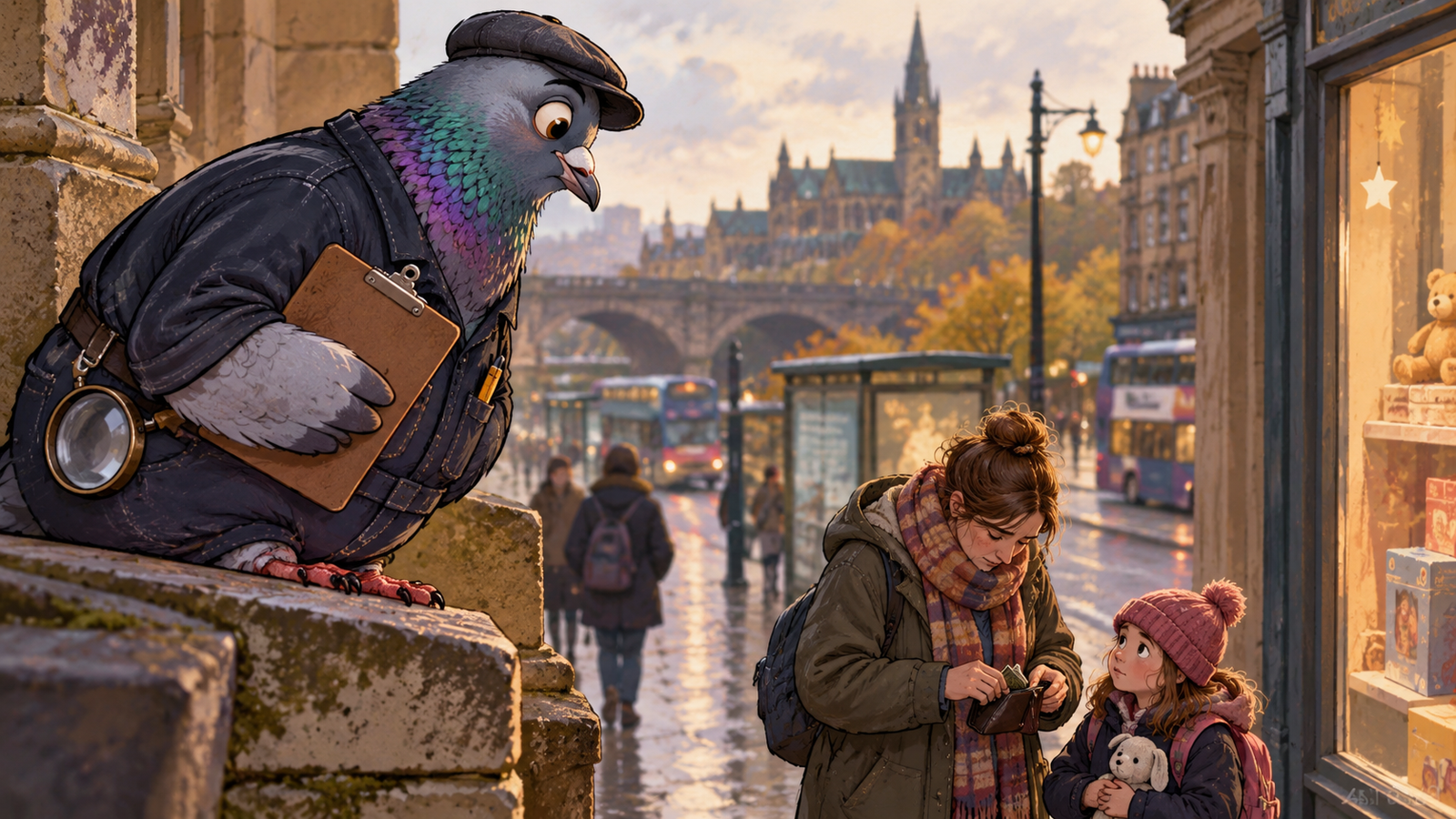 The Inspector, a pigeon in workwear with a clipboard, watches a mother count money beside her young daughter on a rainy Glasgow street.