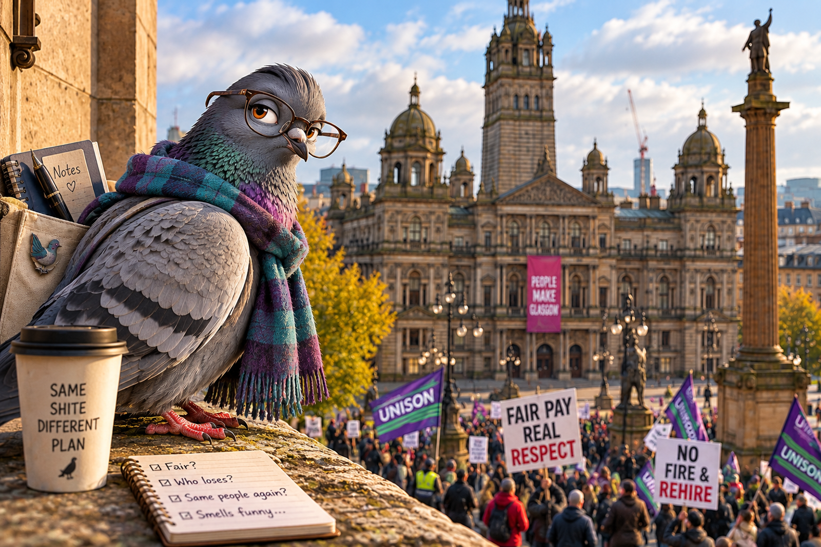 The Sensible One perched above Glasgow City Chambers overlooking a fair-pay protest.
