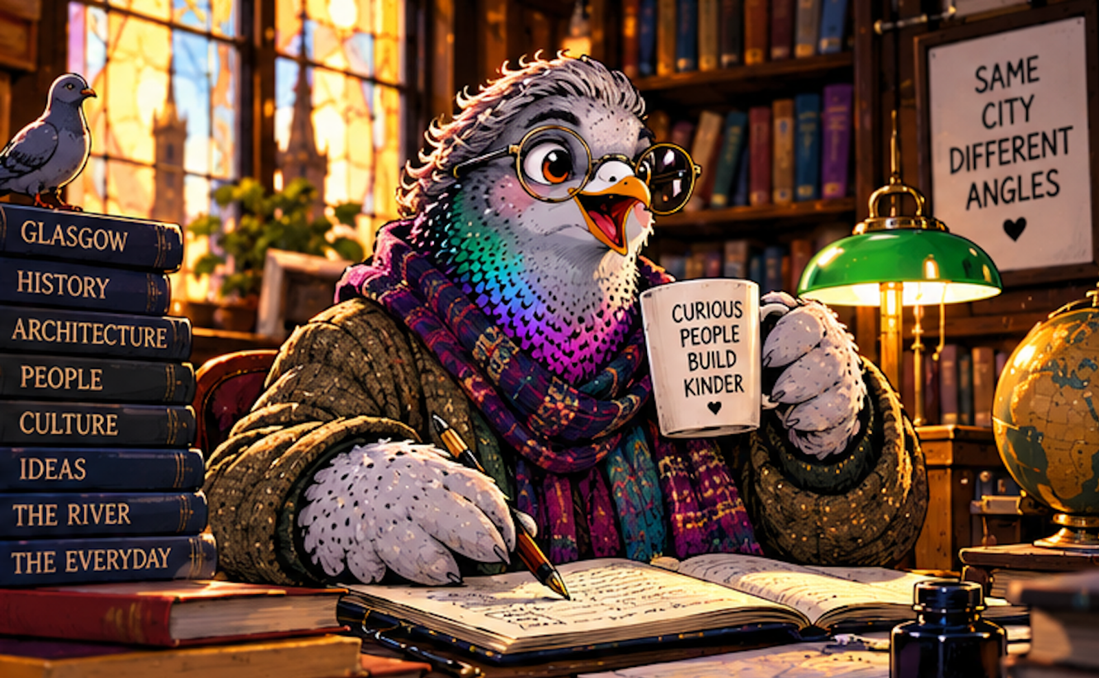 Illustration of The Professor with a Glasgow backdrop and character description