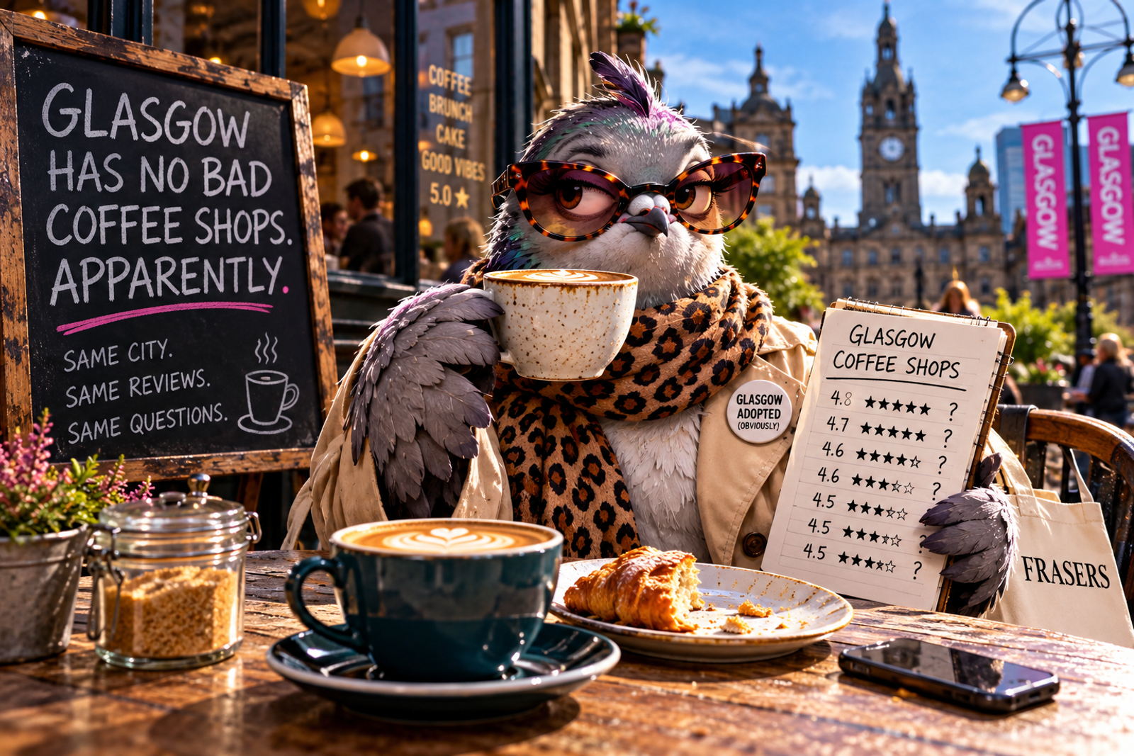 The Adoptee sits at a Glasgow café table reviewing suspiciously high coffee-shop ratings.
