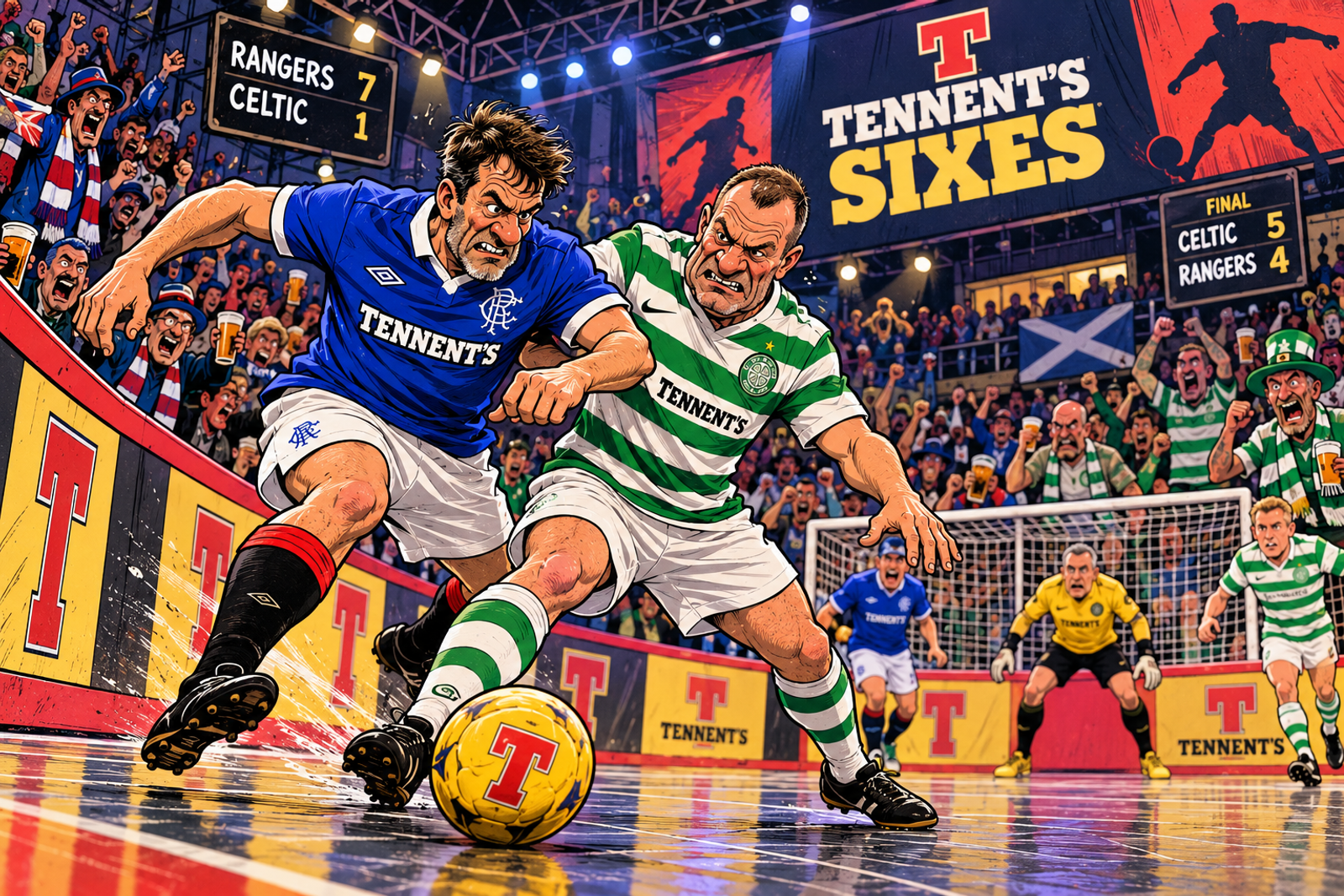 Illustrated indoor six-a-side football scene with stylised Rangers and Celtic players battling beside the boards in a packed arena.