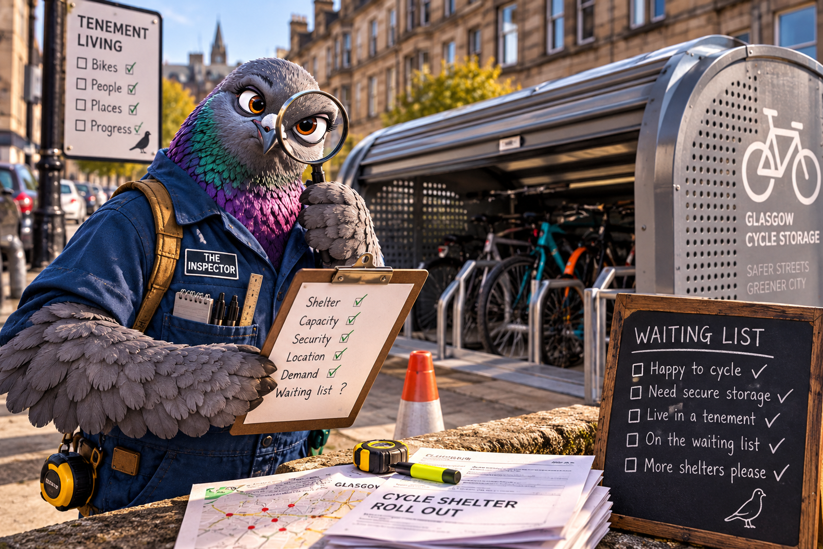 The Inspector examining a Glasgow cycle shelter and its waiting list on a tenement street.