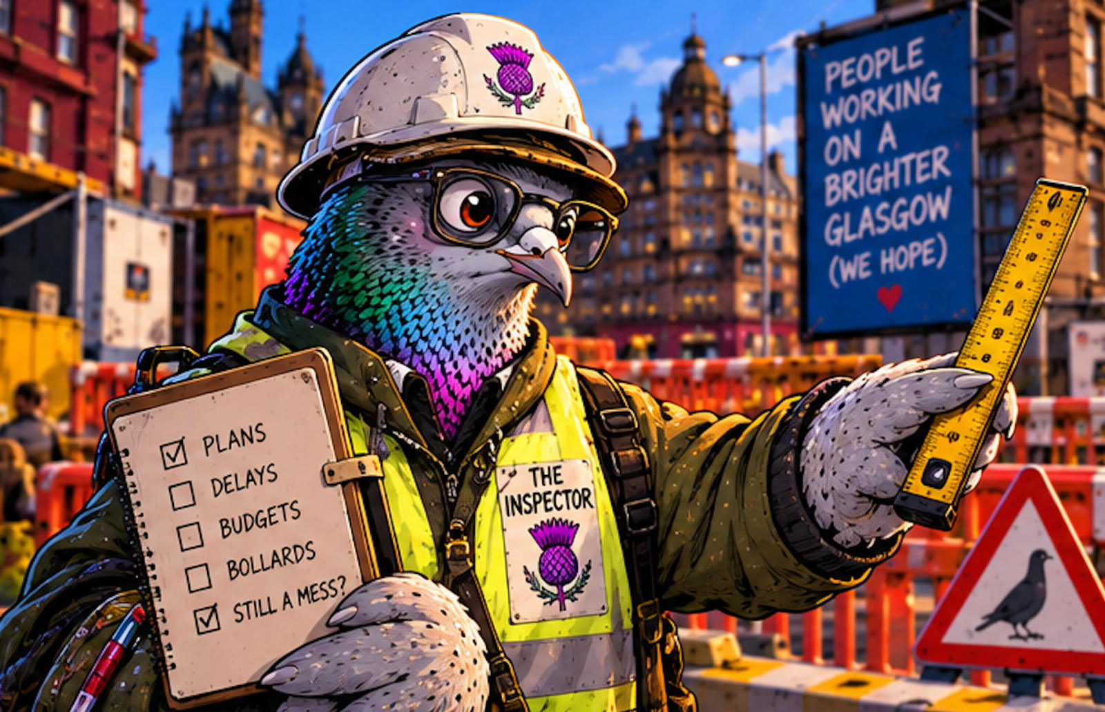 Illustration of The Inspector with a Glasgow backdrop and character description