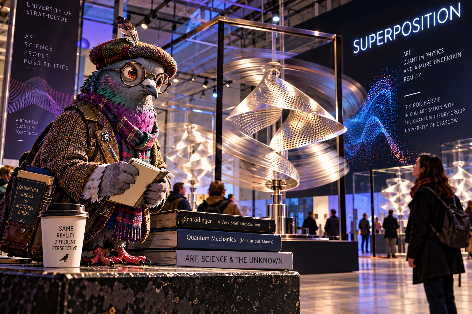 The Professor observes a quantum art installation in a modern Glasgow gallery, surrounded by spinning aluminium sculptures and academic notes.