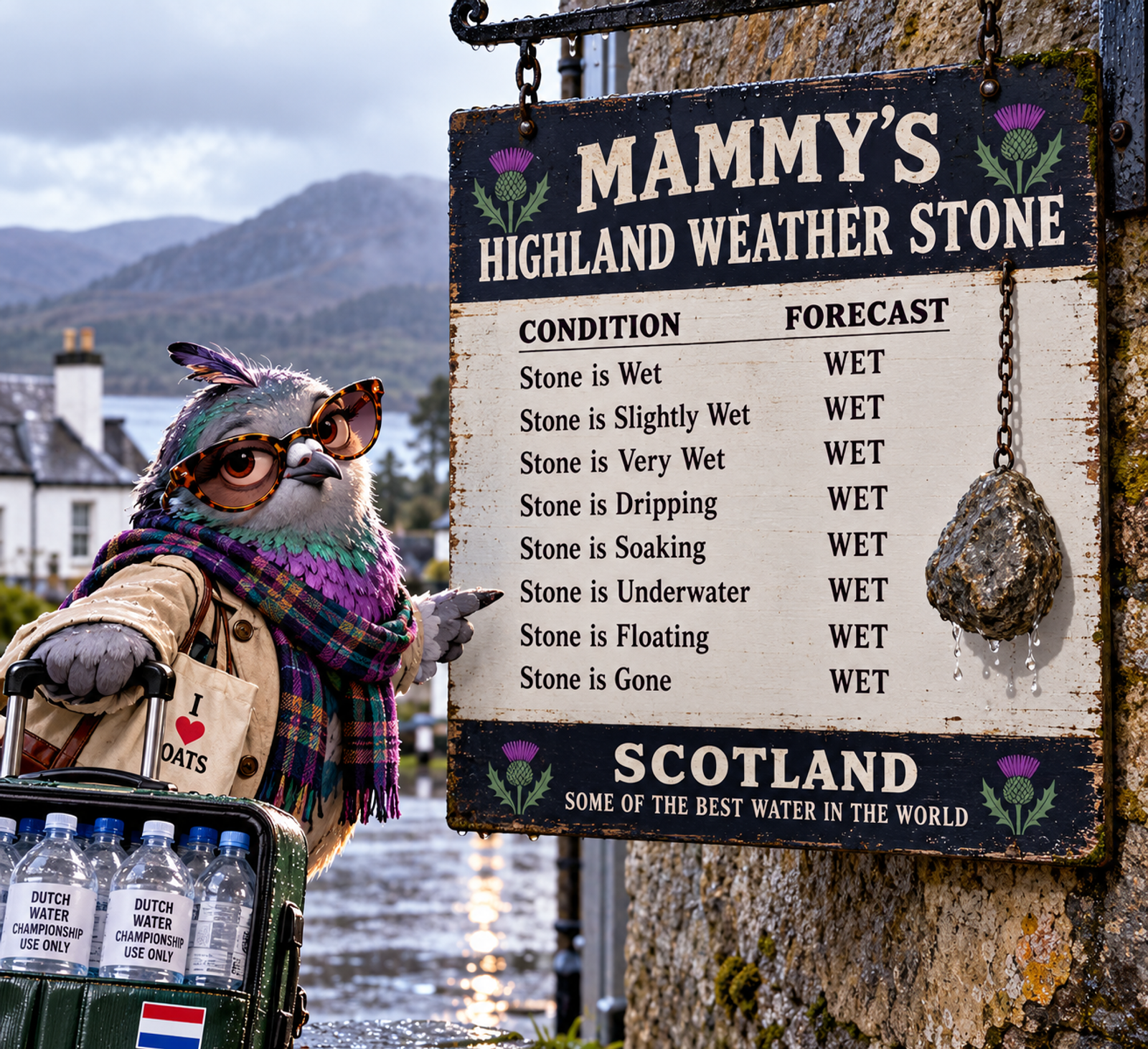 Mammy stands beside a Highland weather stone where every forecast says wet, next to a suitcase filled with bottles labelled Dutch championship water.