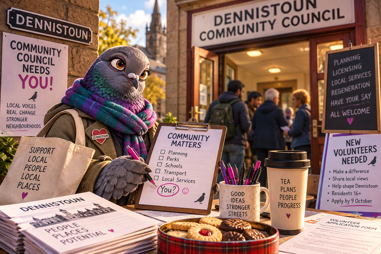 Mammy at a Dennistoun Community Council volunteer drive with forms, biscuits and recruitment posters.