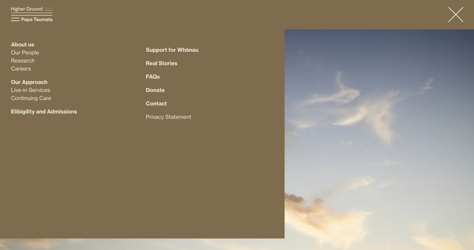 Menu on Higher Ground website by Digital Mates, Auckland