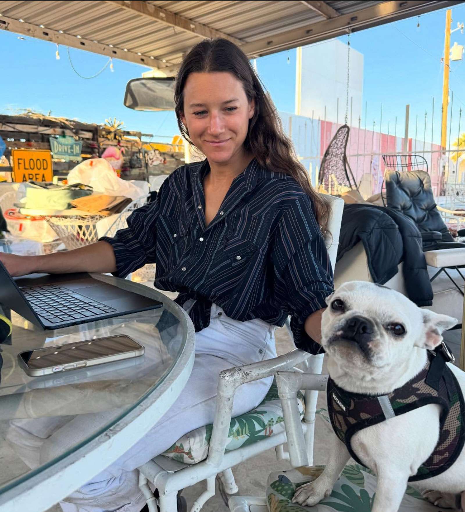 a woman sitting at computer with her little white dog