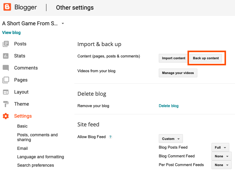 Admin interface in blogger showing Settings and the Back up content button highlighted