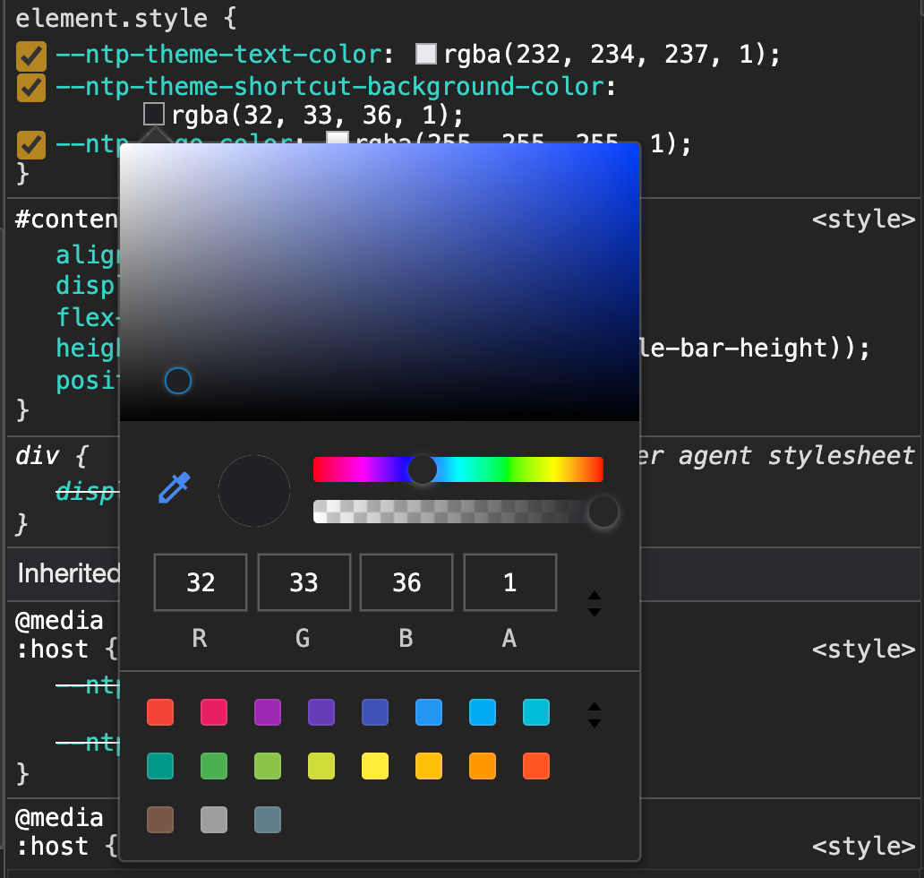 screenshot of colour picker in dev tools